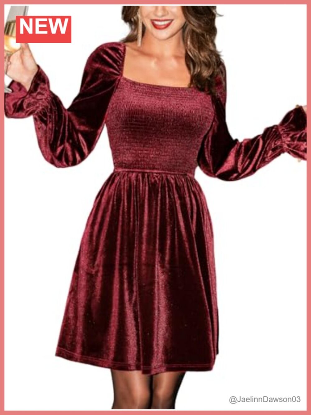 Women's Velvet Mini Dress Smocked Long Sleeve Square Neck A-Line Cocktail